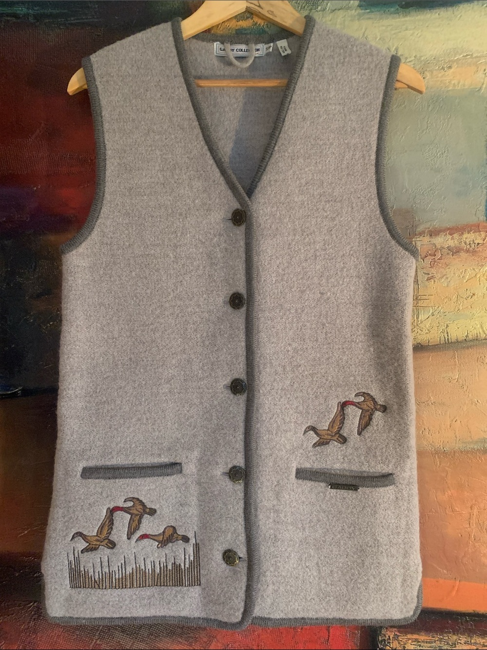 Vintage Boiled Wool Vest with Embroidered Ducks, Sz S